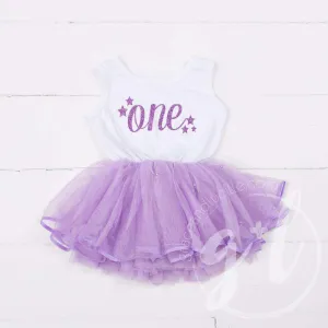 1st Birthday Dress Purple Starry Script "ONE" White Sleeveless with attached Purple Tutu