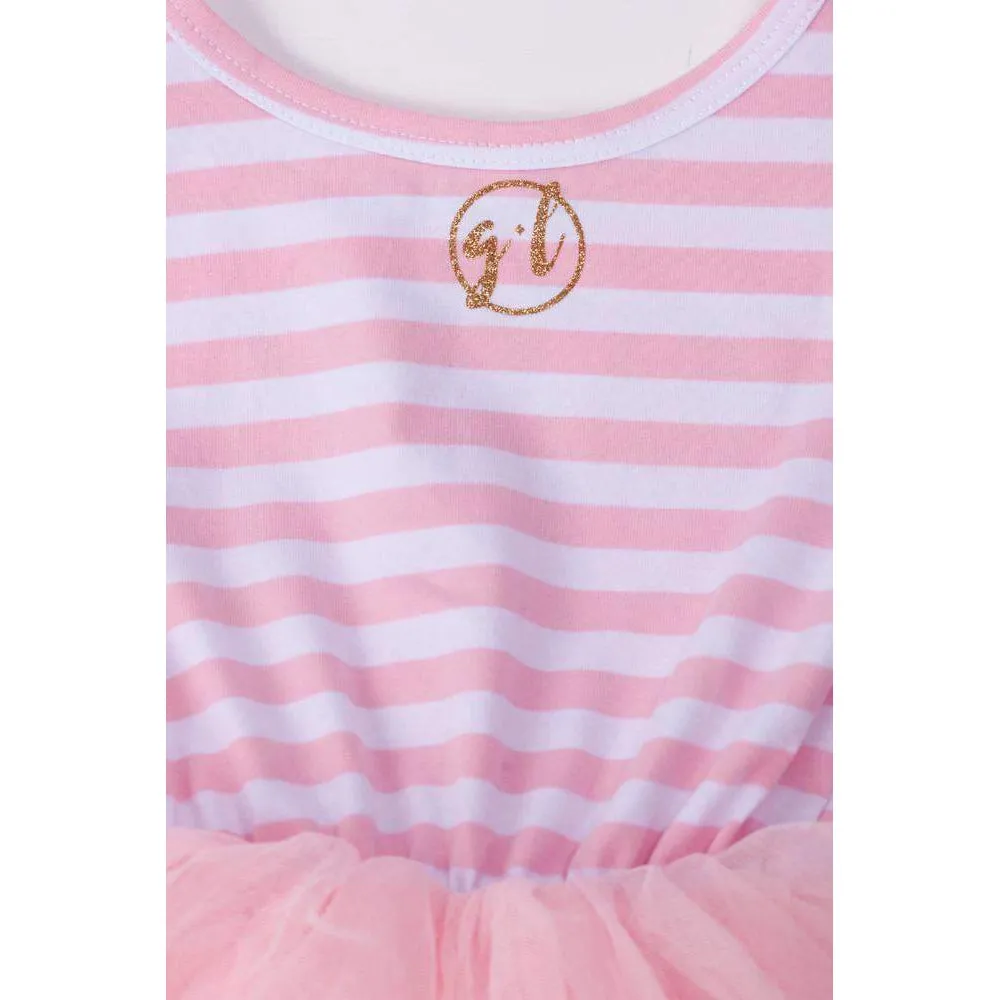 1st Birthday Outfit Starry Script "ONE" Pink Striped Sleeveless Dress, White Leg Warmers & Gold Bow