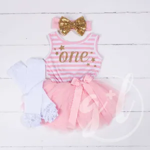 1st Birthday Outfit Starry Script "ONE" Pink Striped Sleeveless Dress, White Leg Warmers & Gold Bow