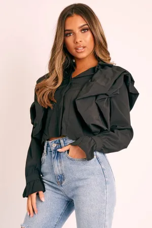 Black Ruffle Shoulder Cropped Shirt - Fiorella