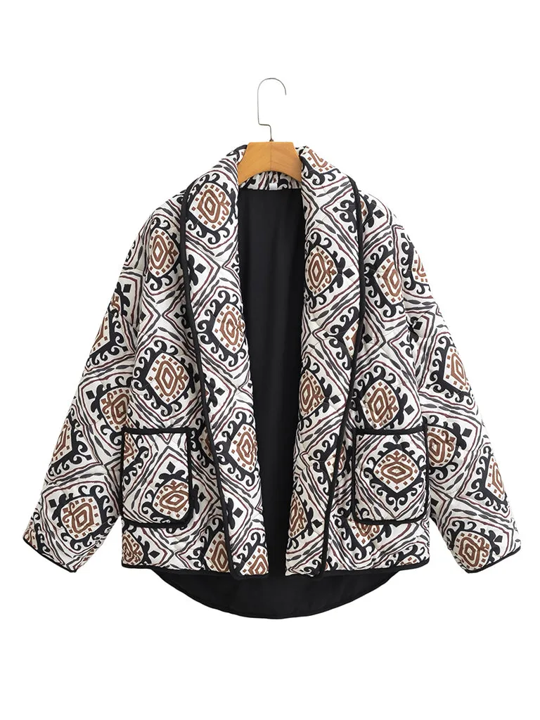 Blue Zone Planet |  Ava's Quilted Contrasting Color Ethnic Print Stand-Up Collar Cotton Coat