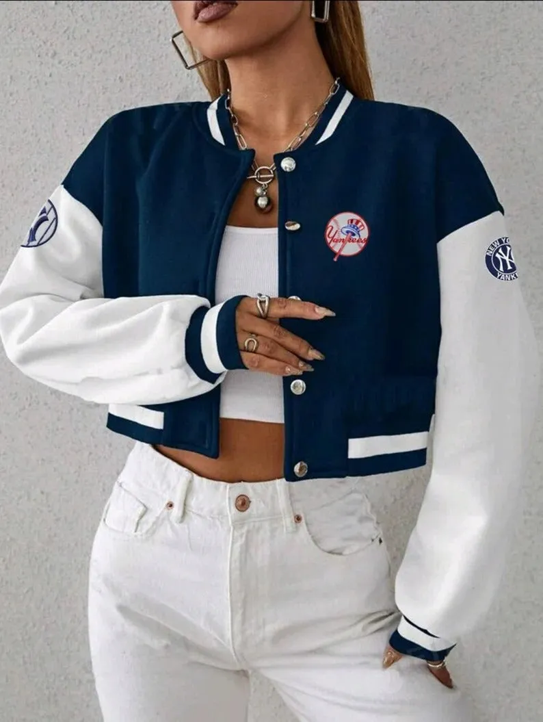 Custom Cropped Varsity Bomber Jacket with Sports Team Logo – New York Yankees