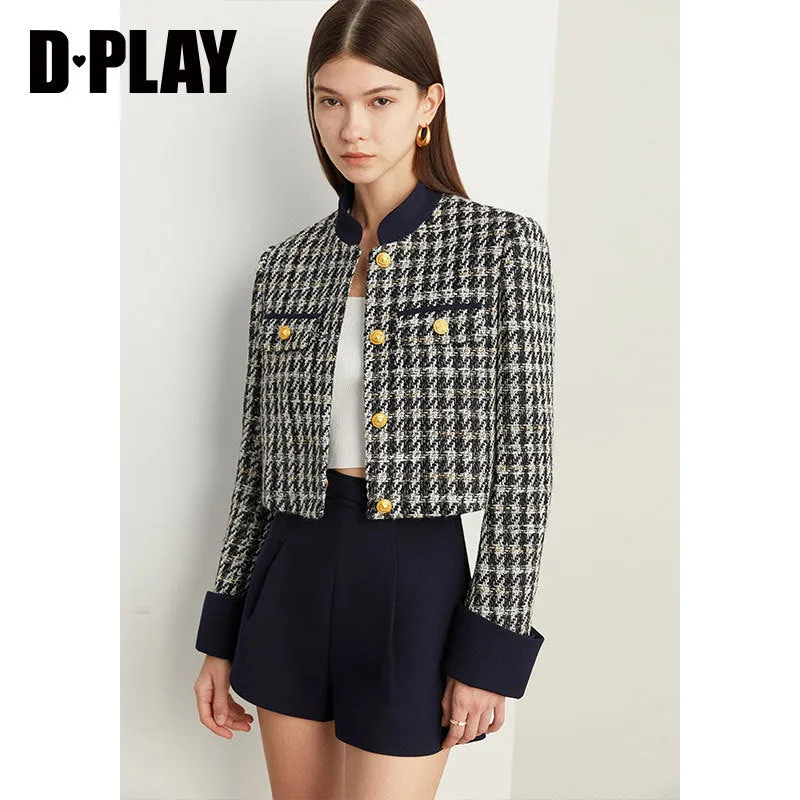 Elegant Luxury Blue White Houndstooth Tweed Short Coat shorts - Cuils