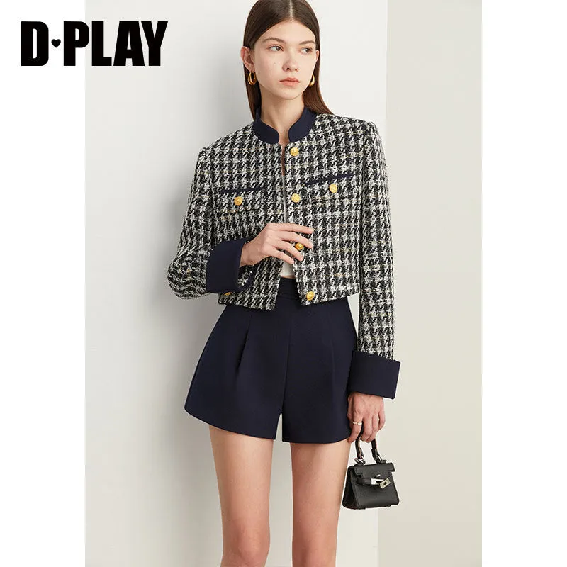 Elegant Luxury Blue White Houndstooth Tweed Short Coat shorts - Cuils