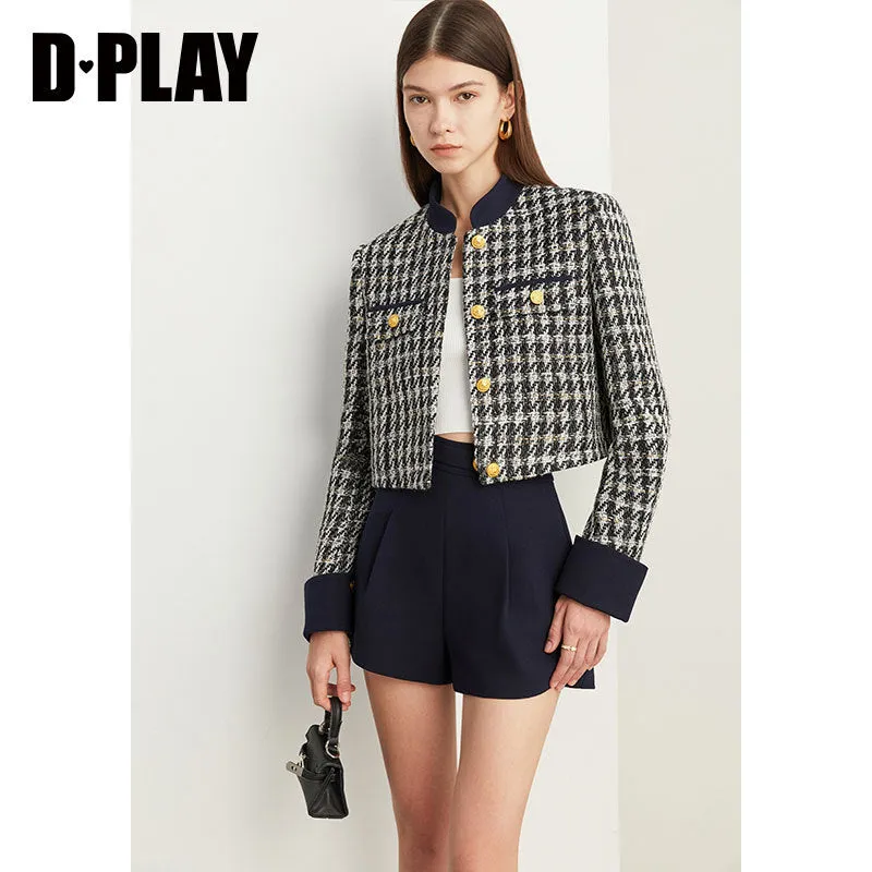 Elegant Luxury Blue White Houndstooth Tweed Short Coat shorts - Cuils