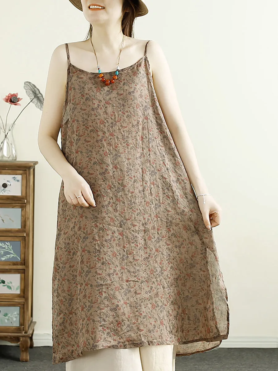 FLYTONN- Women Summer Vintage Flower Ramie Vest Dress BN1035