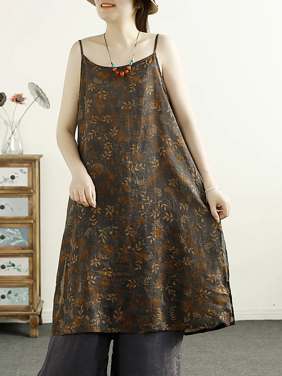 FLYTONN- Women Summer Vintage Flower Ramie Vest Dress BN1035