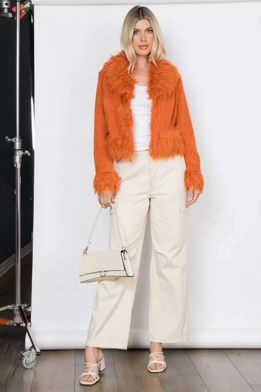 Fur Trim Cord Cropped Jacket