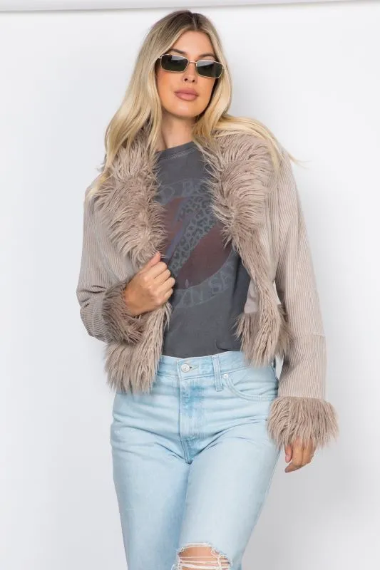 Fur Trim Cord Cropped Jacket