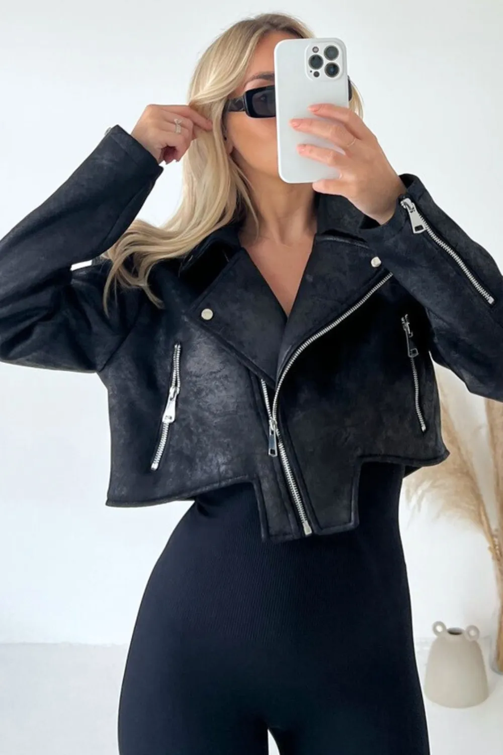 Gracie faux suede cropped biker jacket