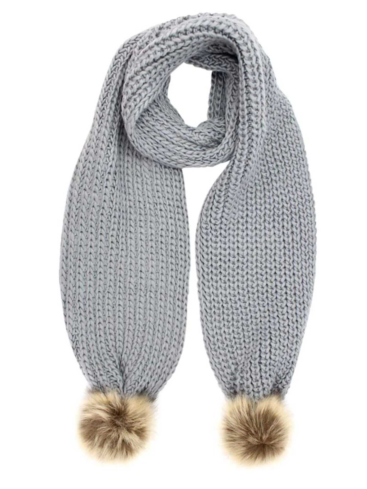 Gray Chunky Knit Oblong Scarf With Faux Fur Pom Poms