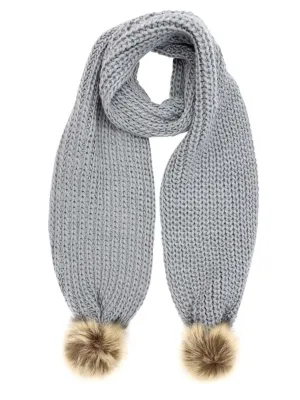 Gray Chunky Knit Oblong Scarf With Faux Fur Pom Poms