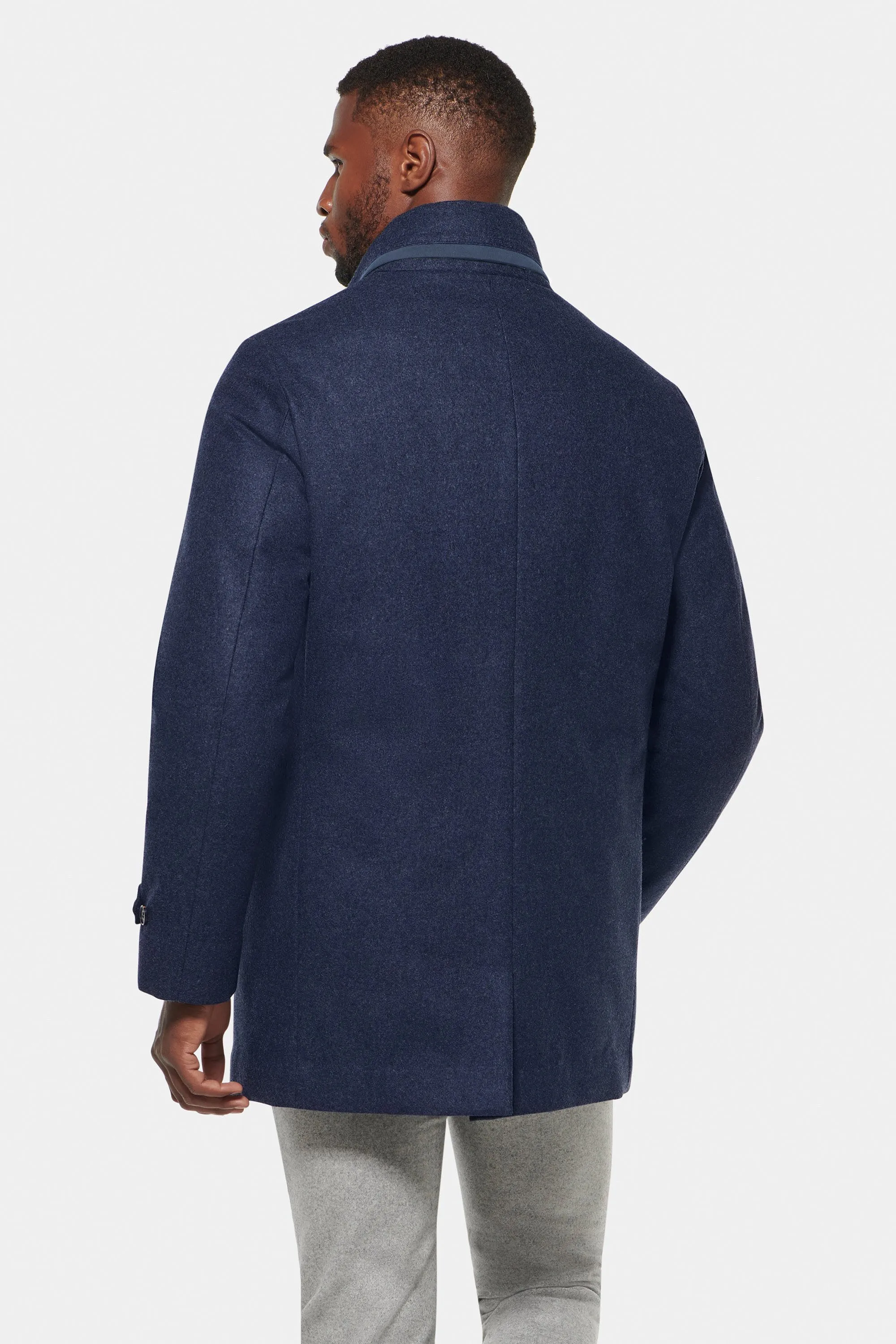 Hooded Cashmere Car Coat, Blue Melange