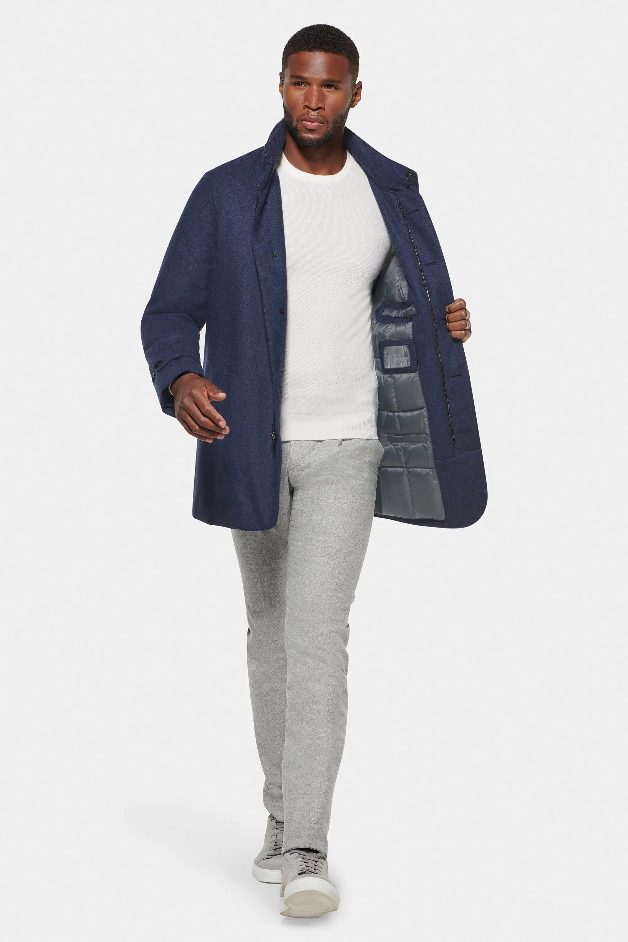 Hooded Cashmere Car Coat, Blue Melange