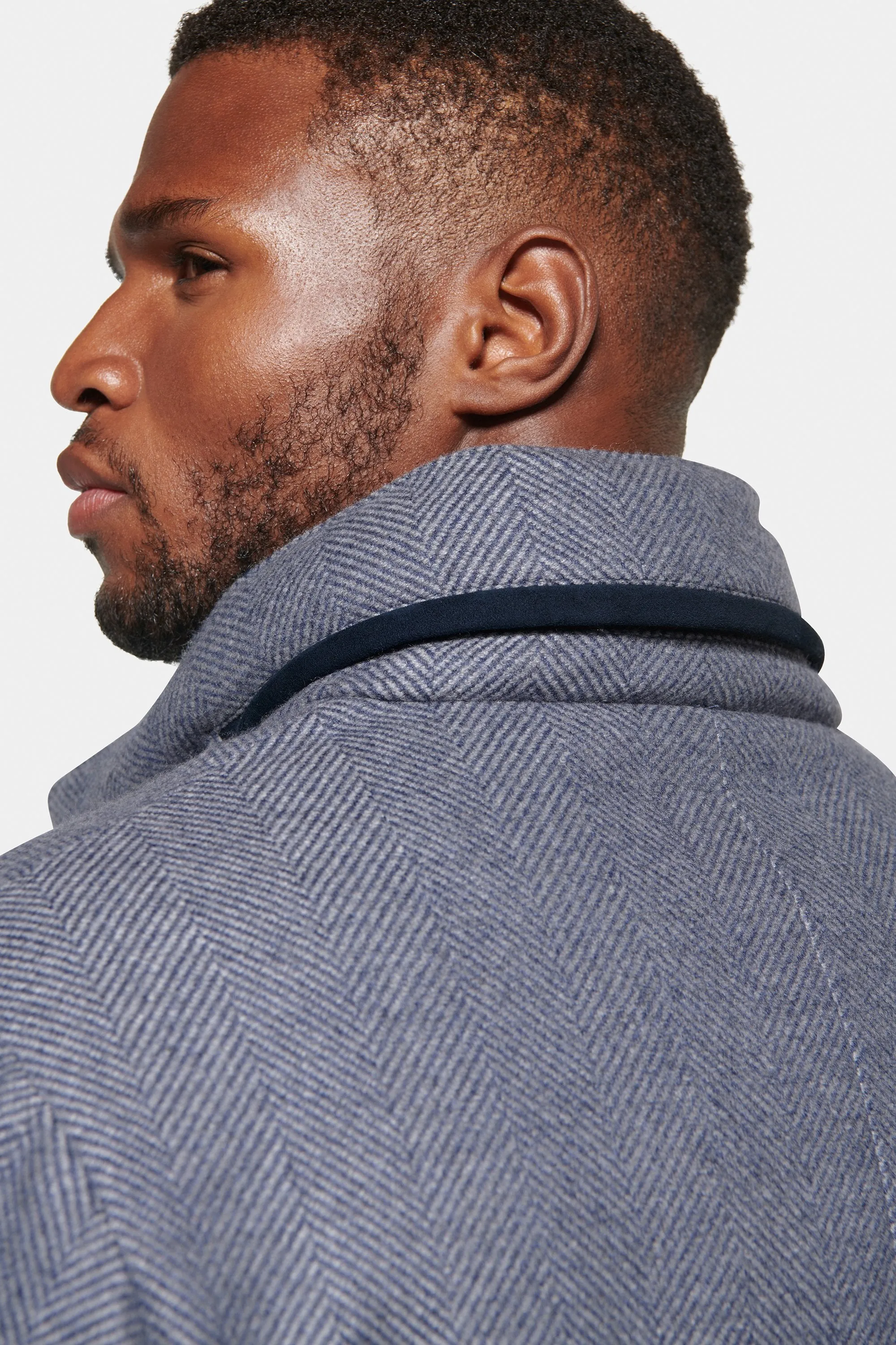 Hooded Cashmere Wool Car Coat, Light Grey Blue Herringbone