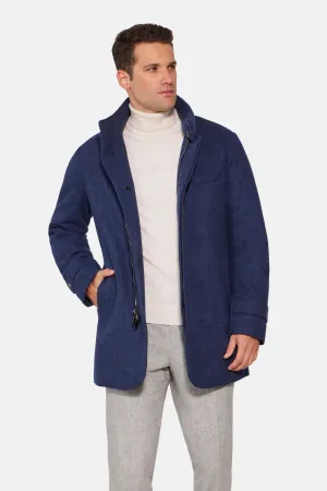 Hooded Cashmere Wool Car Coat, Mid Blue Herringbone