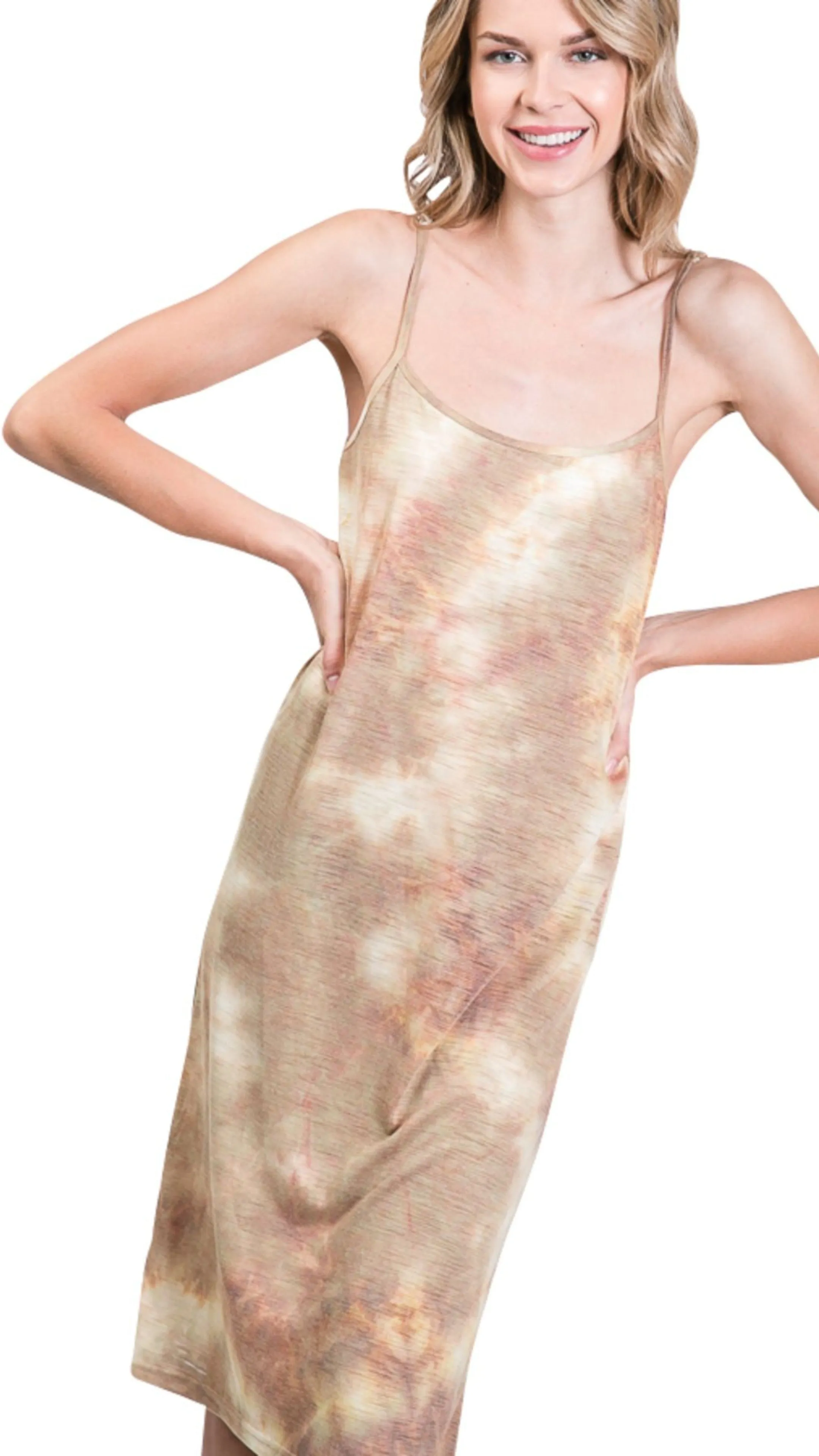 Knee length tie dye knit full slip dress