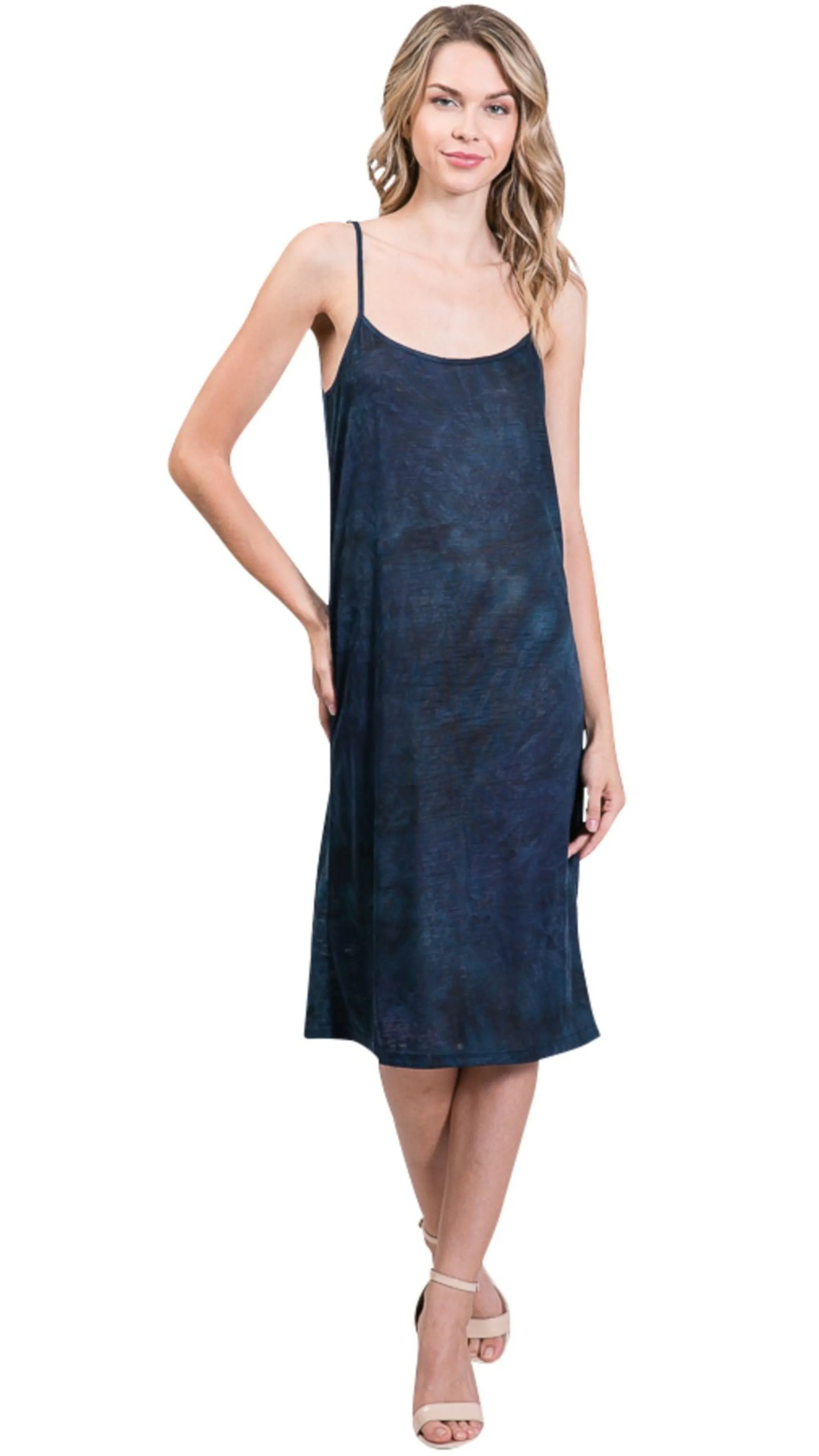 Knee length tie dye knit full slip dress