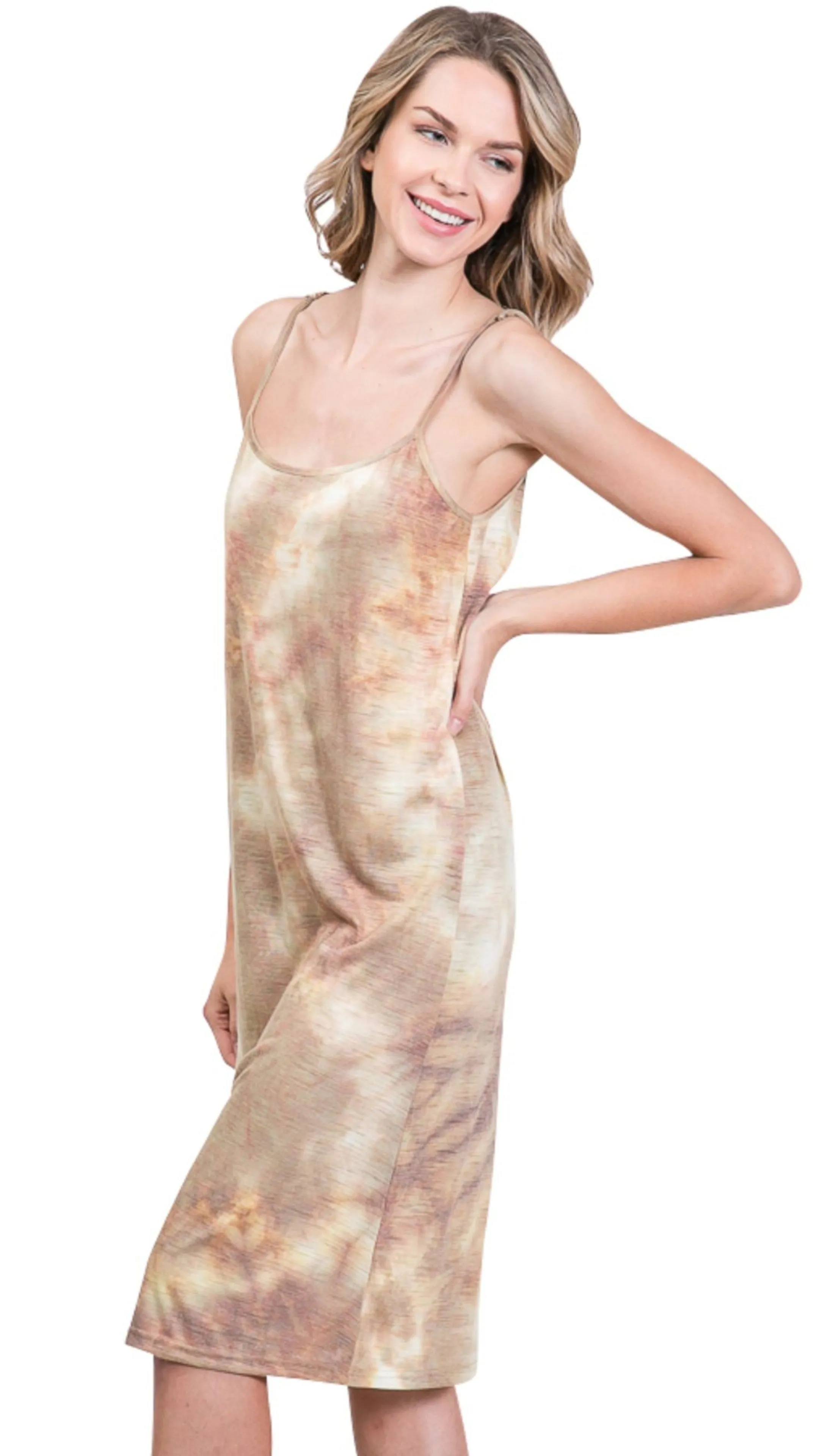 Knee length tie dye knit full slip dress