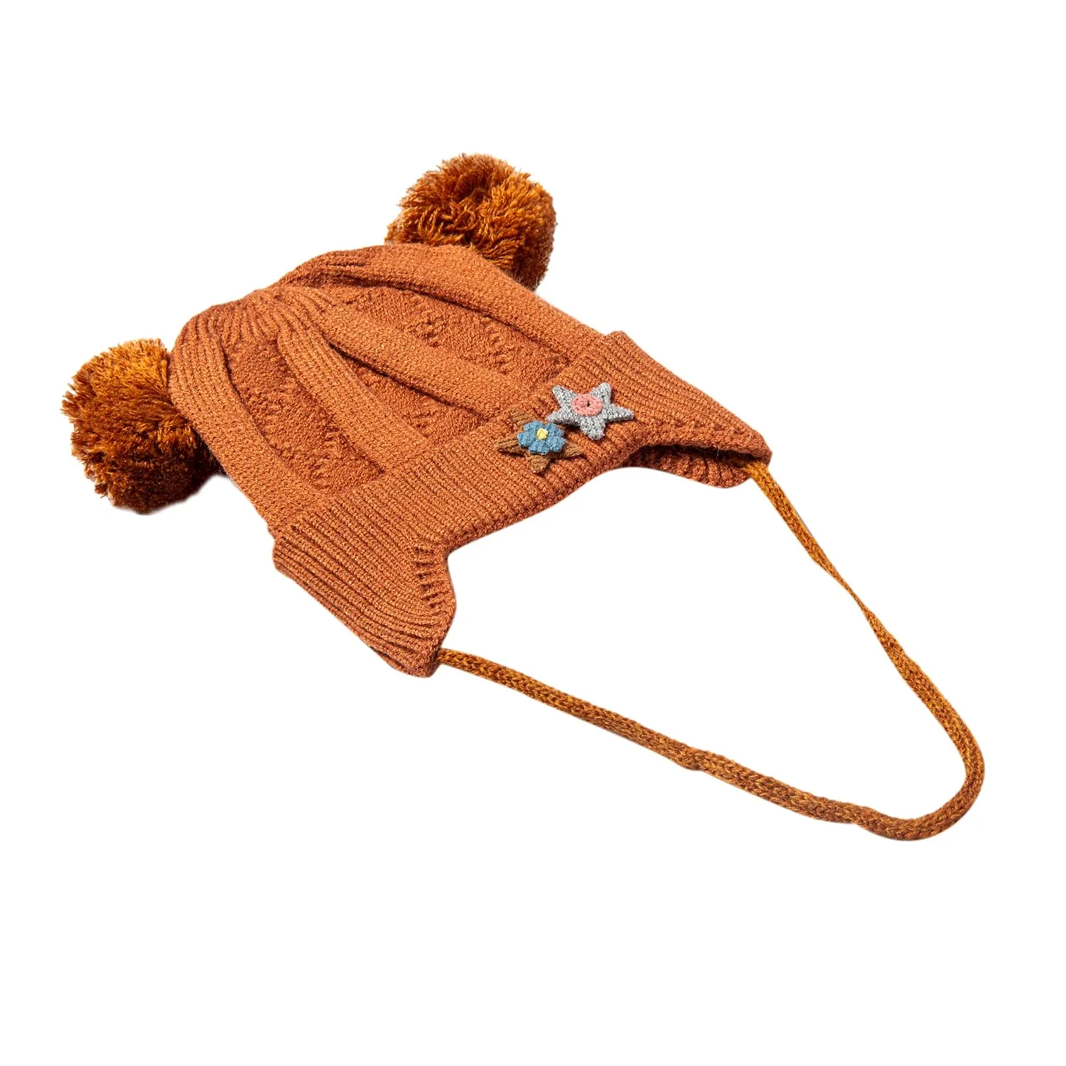 Knit Woollen Cap With Tie For Ear Cover Starry Pom Pom Brown