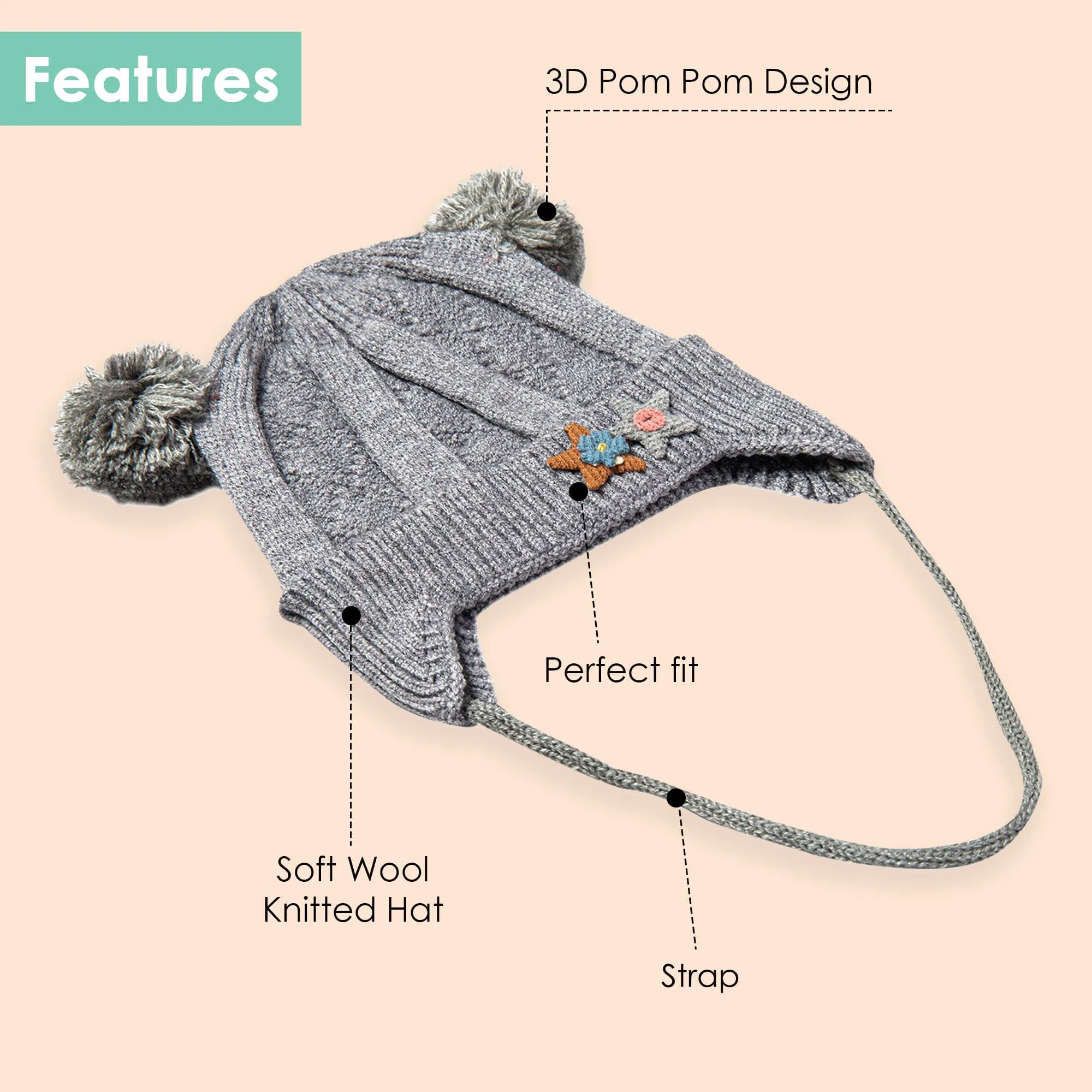 Knit Woollen Cap With Tie For Ear Cover Starry Pom Pom Grey