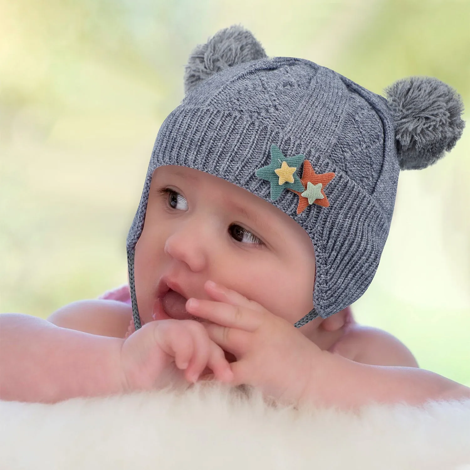 Knit Woollen Cap With Tie For Ear Cover Starry Pom Pom Grey