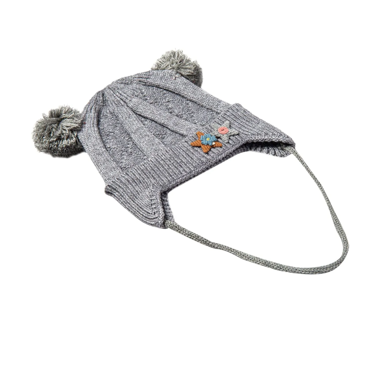 Knit Woollen Cap With Tie For Ear Cover Starry Pom Pom Grey