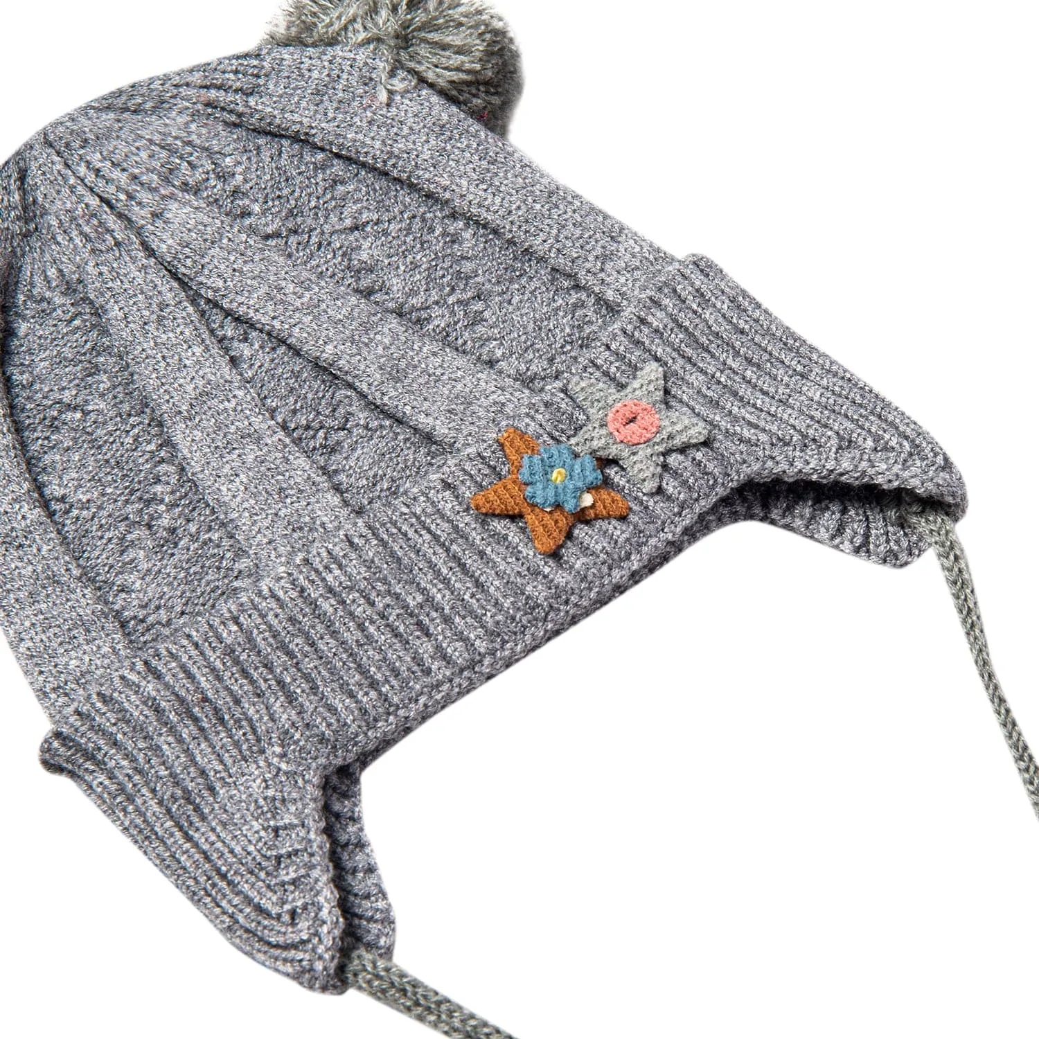 Knit Woollen Cap With Tie For Ear Cover Starry Pom Pom Grey