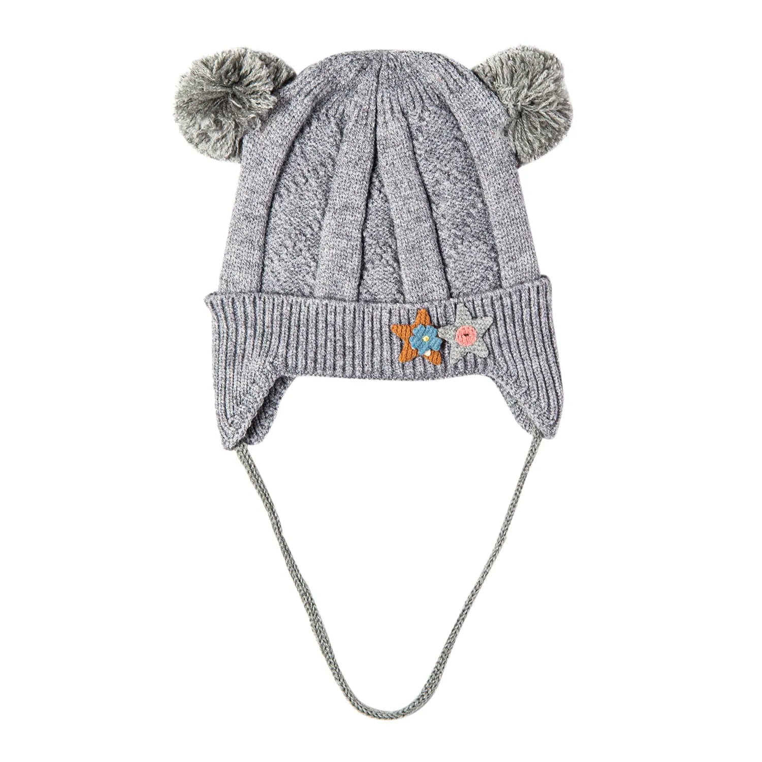 Knit Woollen Cap With Tie For Ear Cover Starry Pom Pom Grey