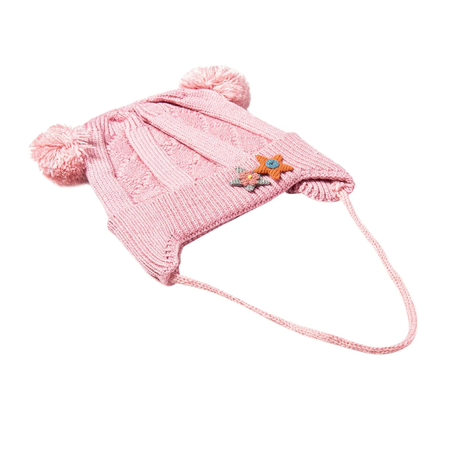 Knit Woollen Cap With Tie For Ear Cover Starry Pom Pom Pink