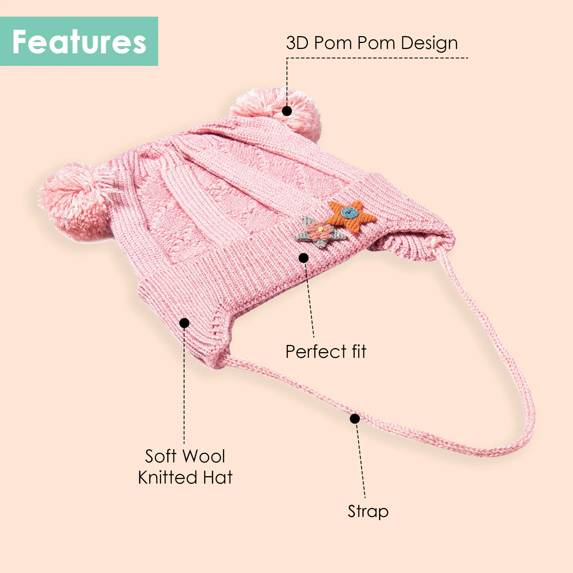 Knit Woollen Cap With Tie For Ear Cover Starry Pom Pom Pink