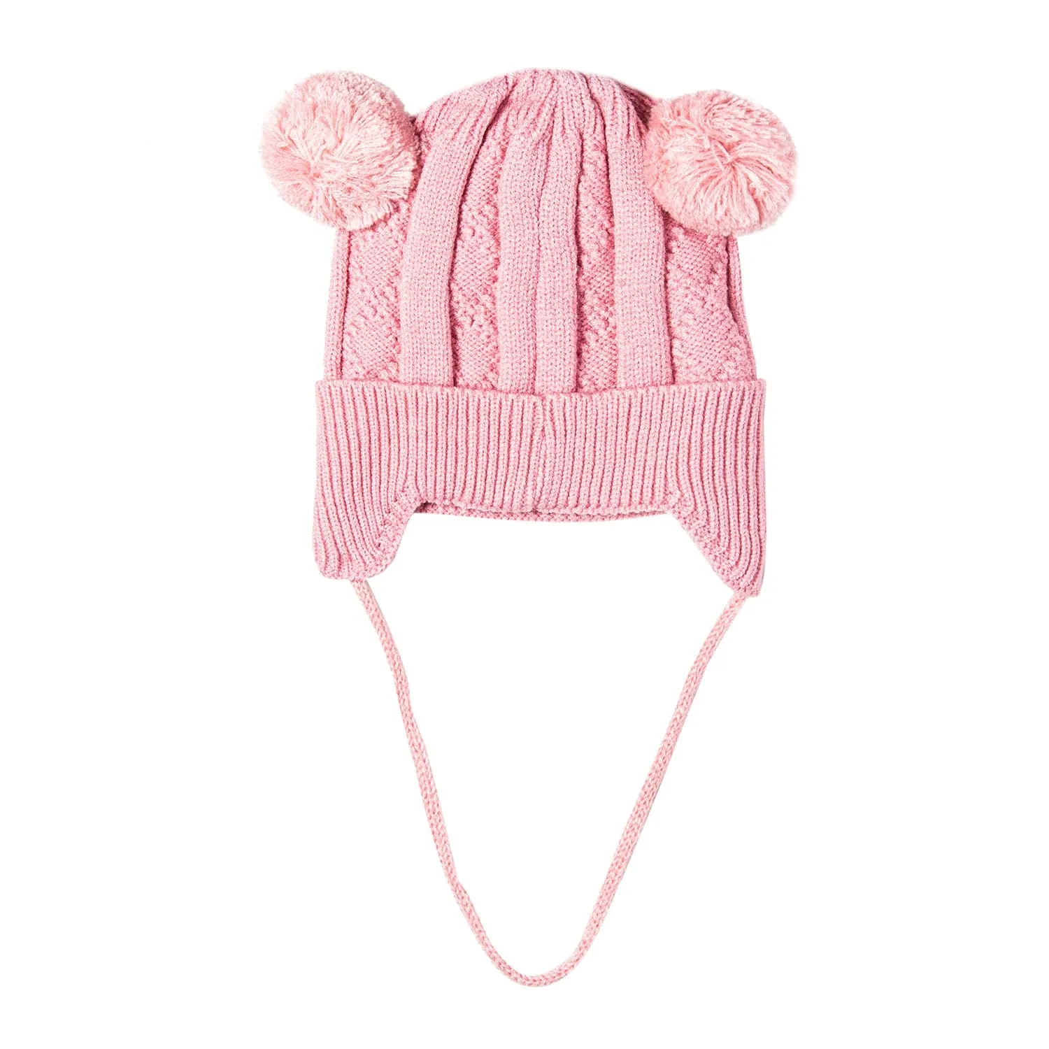 Knit Woollen Cap With Tie For Ear Cover Starry Pom Pom Pink