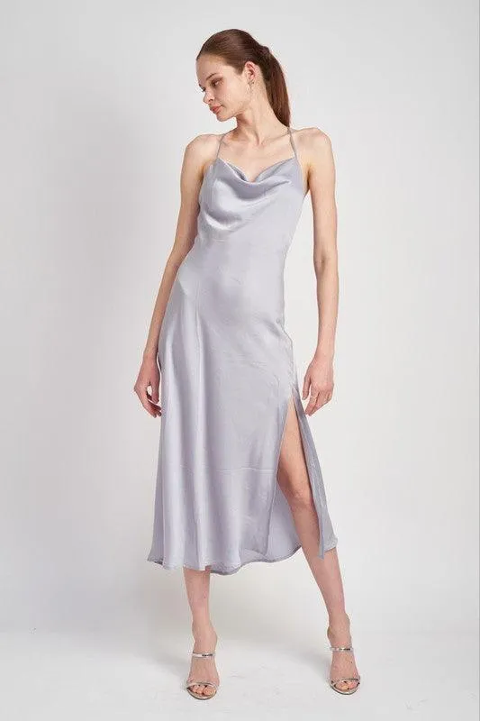 Light Blue Cowl Neck Satin Slip Midi Dress