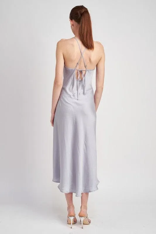 Light Blue Cowl Neck Satin Slip Midi Dress