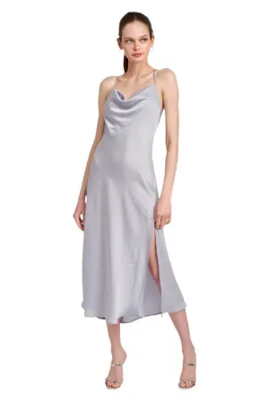 Light Blue Cowl Neck Satin Slip Midi Dress