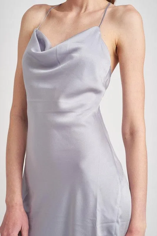 Light Blue Cowl Neck Satin Slip Midi Dress