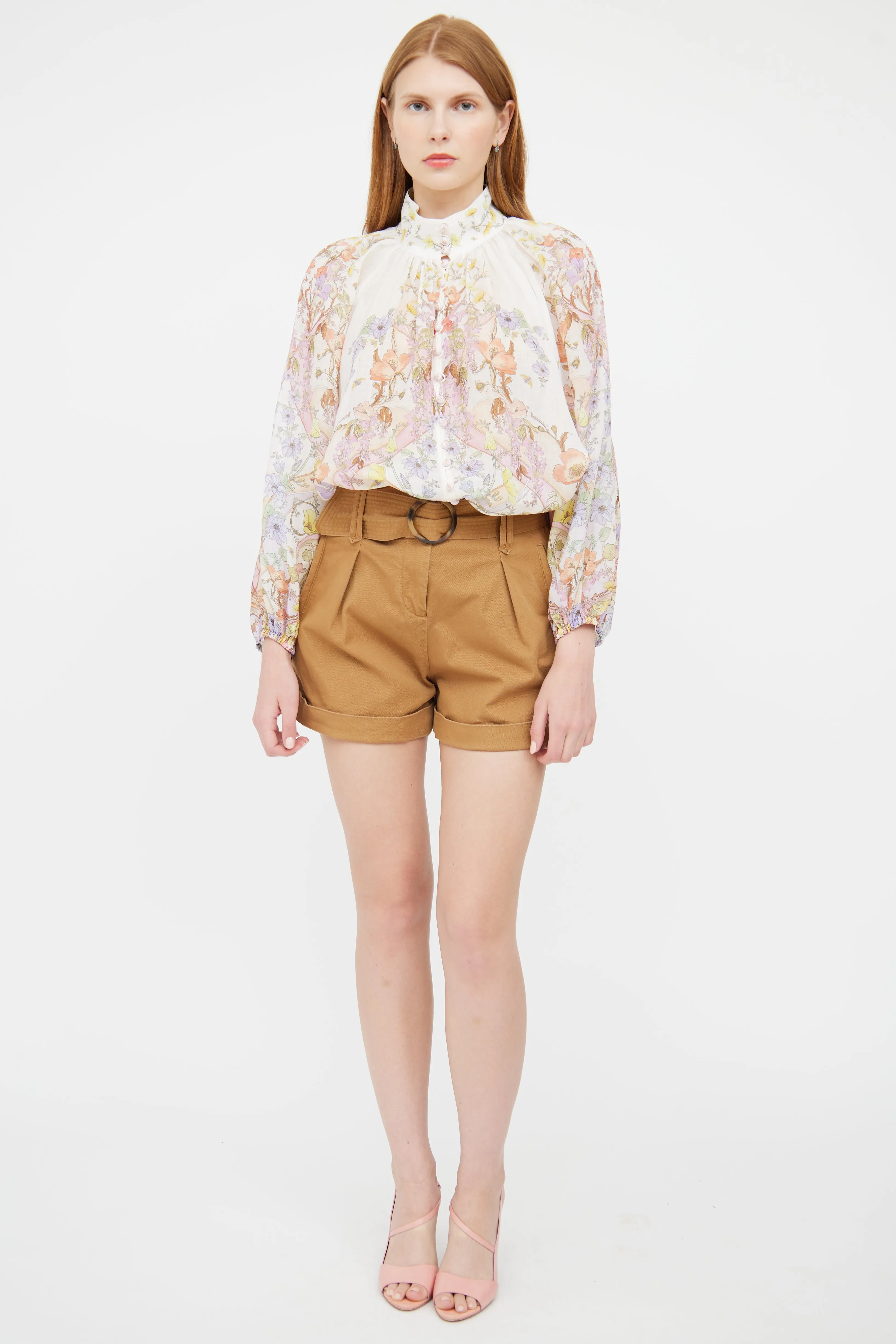 Pink Ramie Floral Button Top