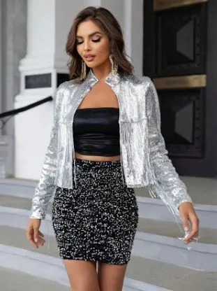 Silver Sequin Fringed Cropped Jacket