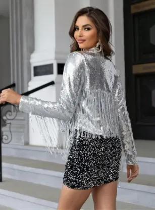 Silver Sequin Fringed Cropped Jacket