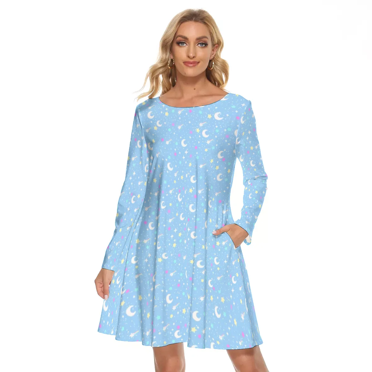 Starry Glitter Blue Crew Neck Dress