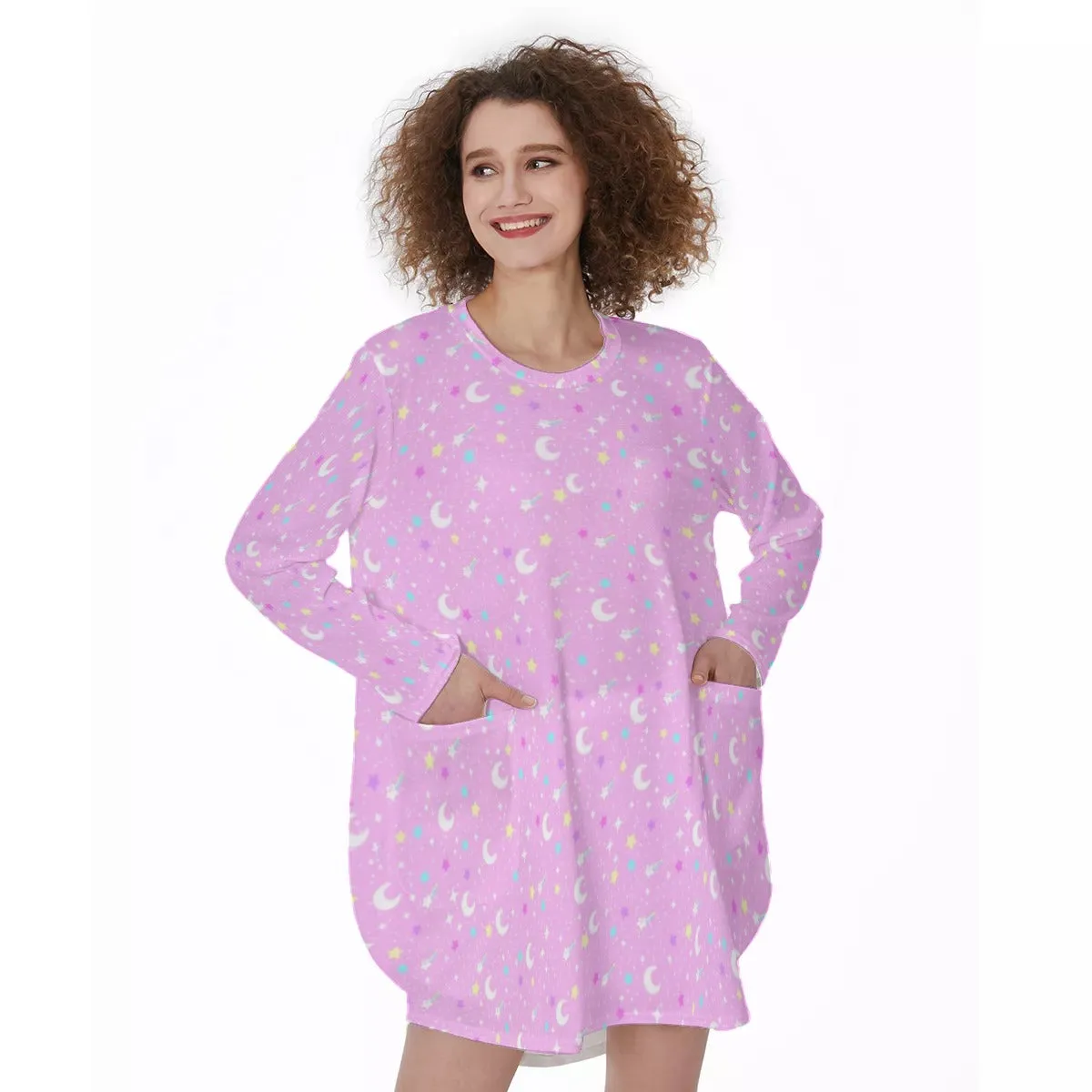 Starry Glitter Pink Long Sleeve Dress With Pockets