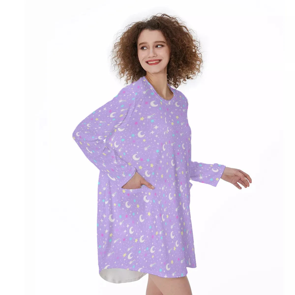 Starry Glitter Purple Long Sleeve Dress With Pockets