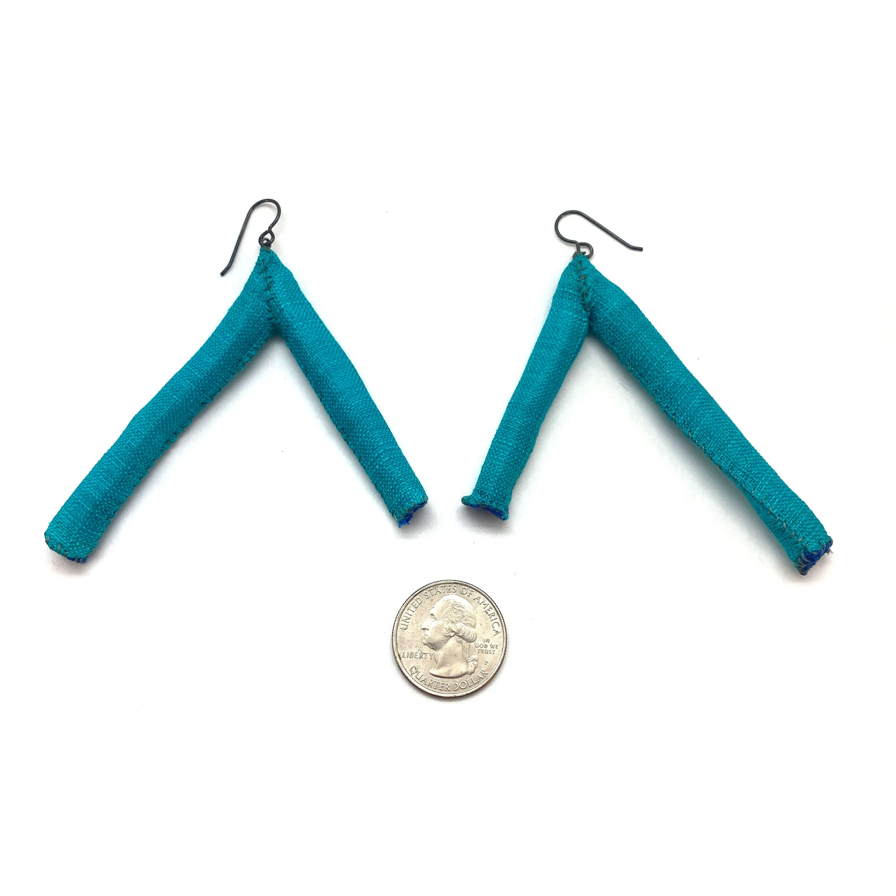 Teal Triangular Fabric Tube Earrings