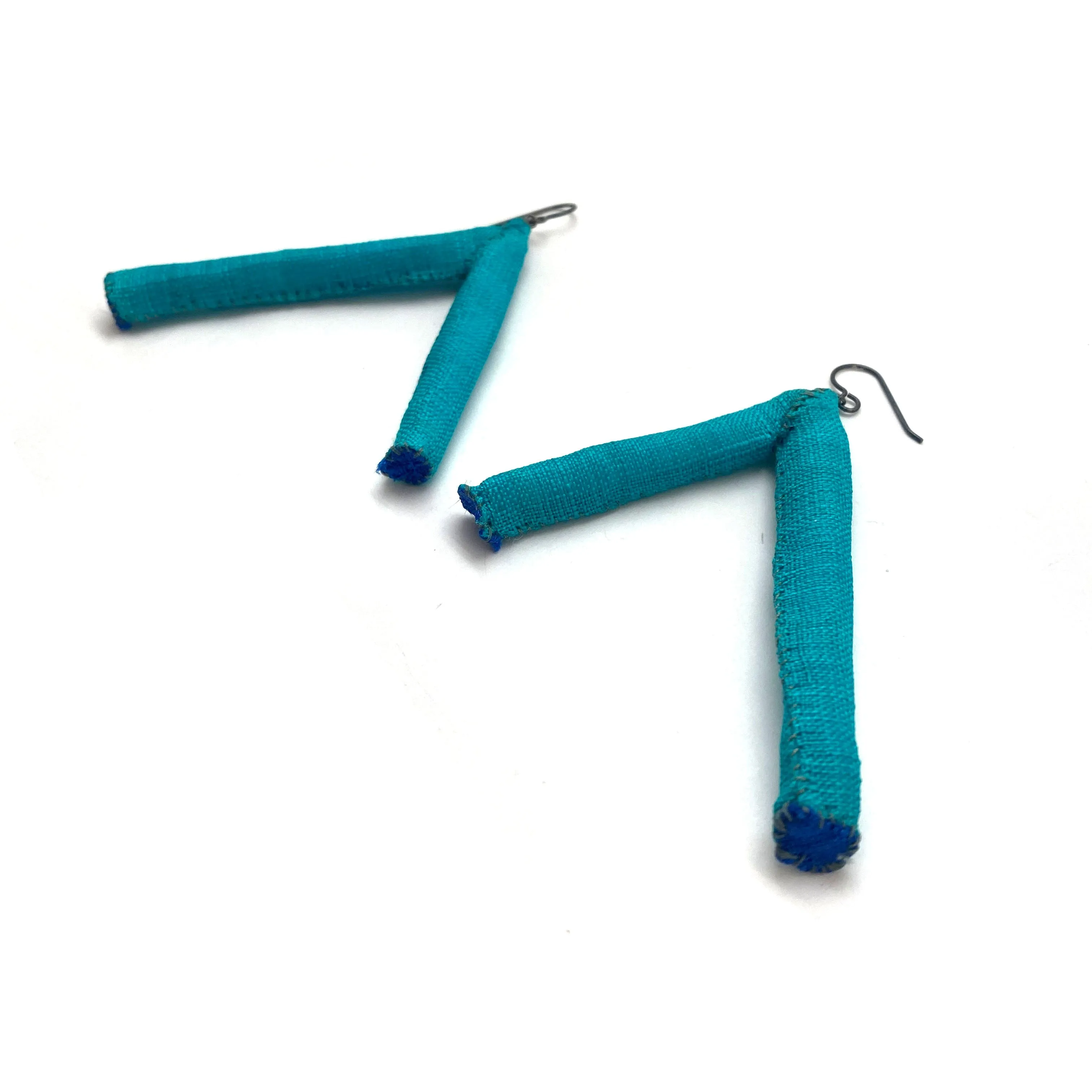 Teal Triangular Fabric Tube Earrings