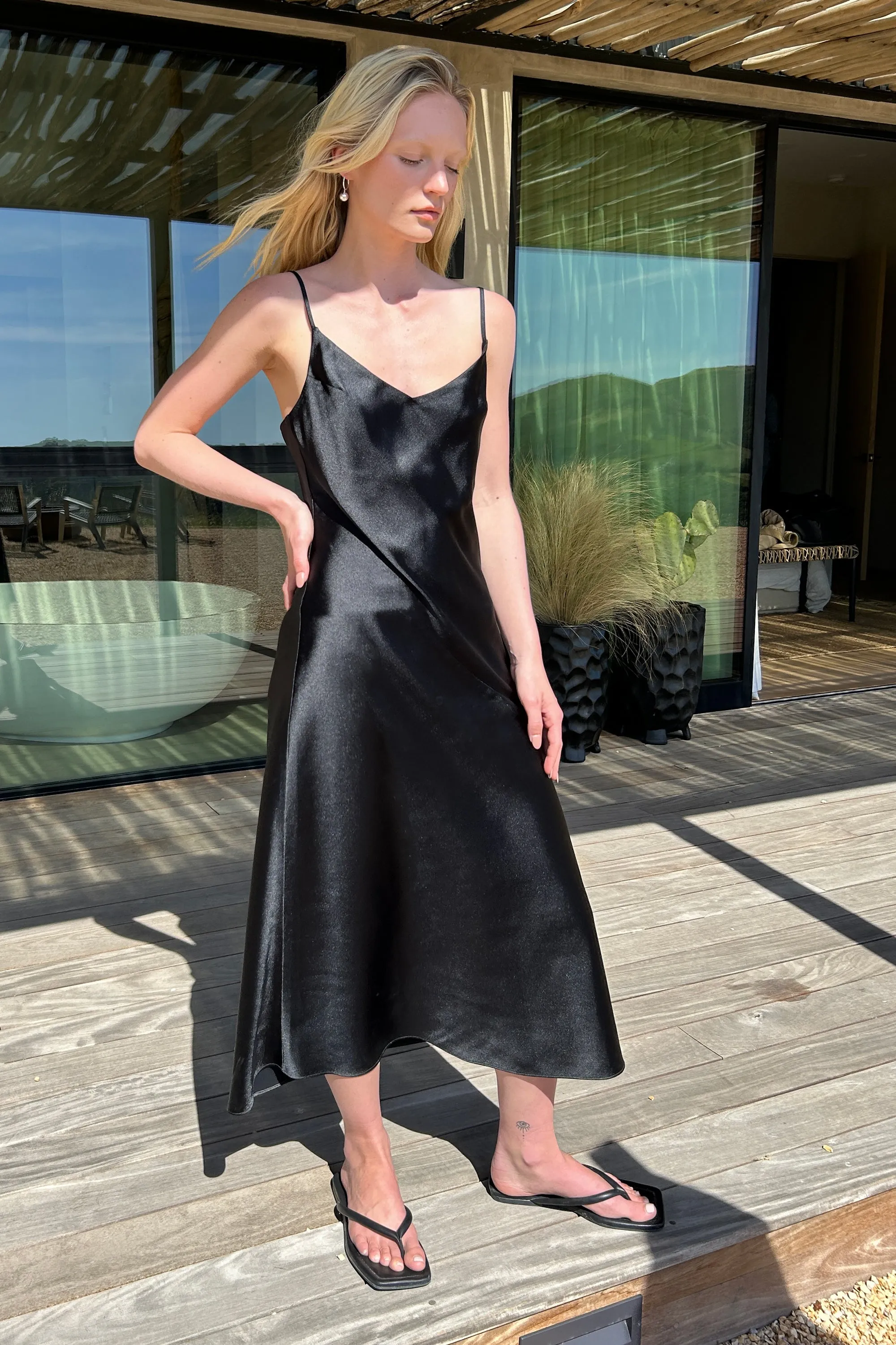 V-NECK SATIN SLIP MIDI DRESS