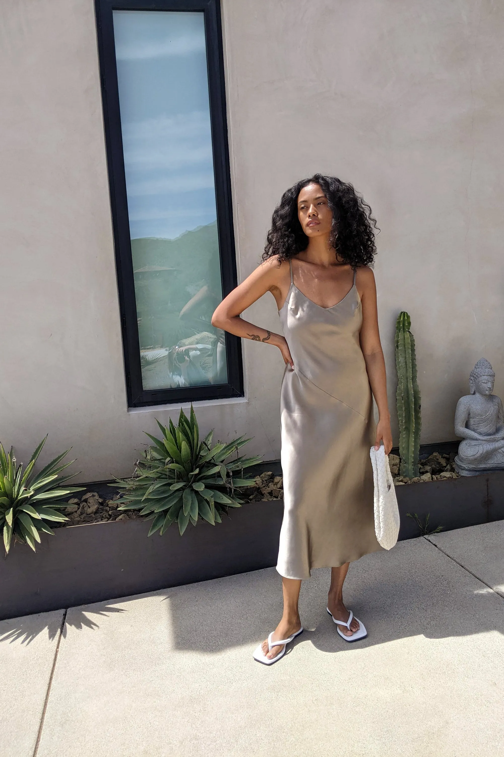 V-NECK SATIN SLIP MIDI DRESS