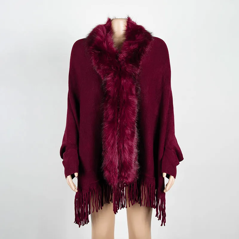 Women's faux fur collar fringe hem poncho open front